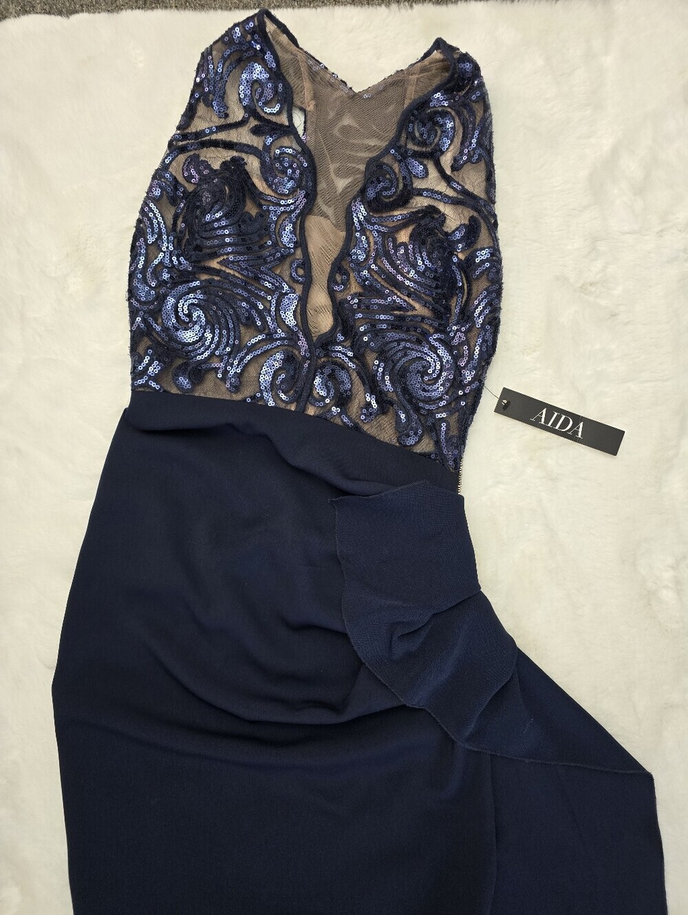 (NWT) Nicole Bakti "Aida" Halterneck Elegant Navy Sequin Racerback Evening Dress